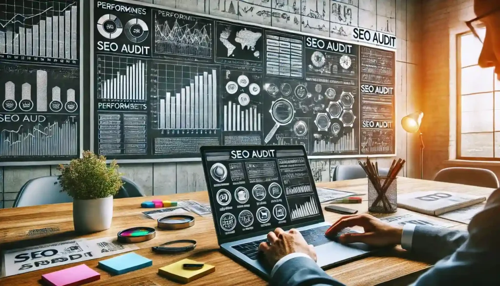 daweb DALL·E 2024 08 26 18.09.35 A panoramic image representing an SEO audit. The scene shows an analyst carefully reviewing a website on a laptop with performance graphs SEO checkl