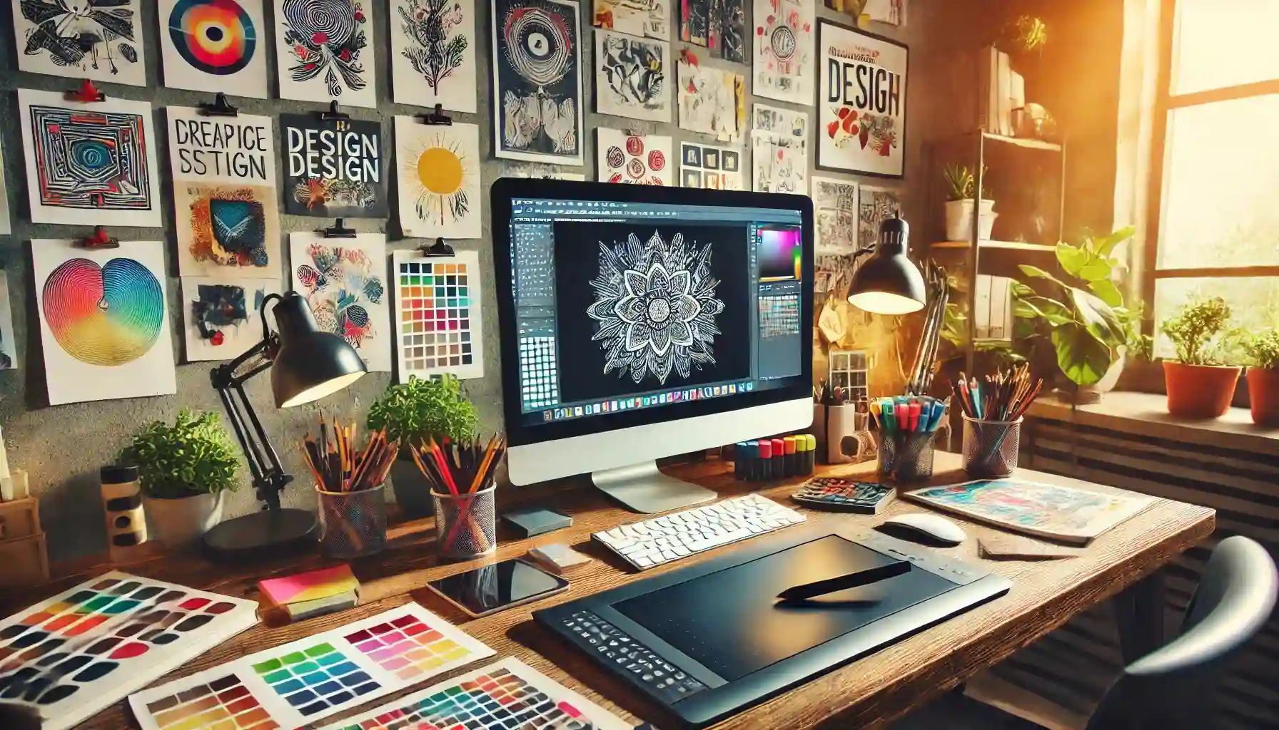 daweb DALL·E 2024 08 28 09.24.07 A creative workspace of a graphic designer featuring a modern and artistic environment. The desk is cluttered with various design tools including co