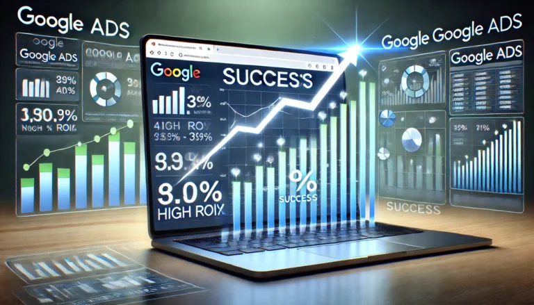 daweb DALL·E 2024 08 28 13.48.36 A visual representation of a successful Google Ads campaign. The image features a growth graph with upward trending arrows symbolizing increasing perf